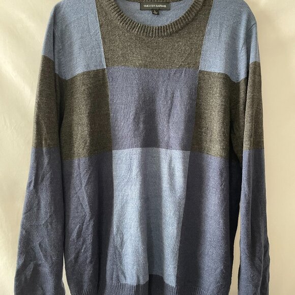 Tricot St. Raphael Mens Blue Black Crew Neck Colorblock Pullover Sweater Size L - Picture 1 of 9